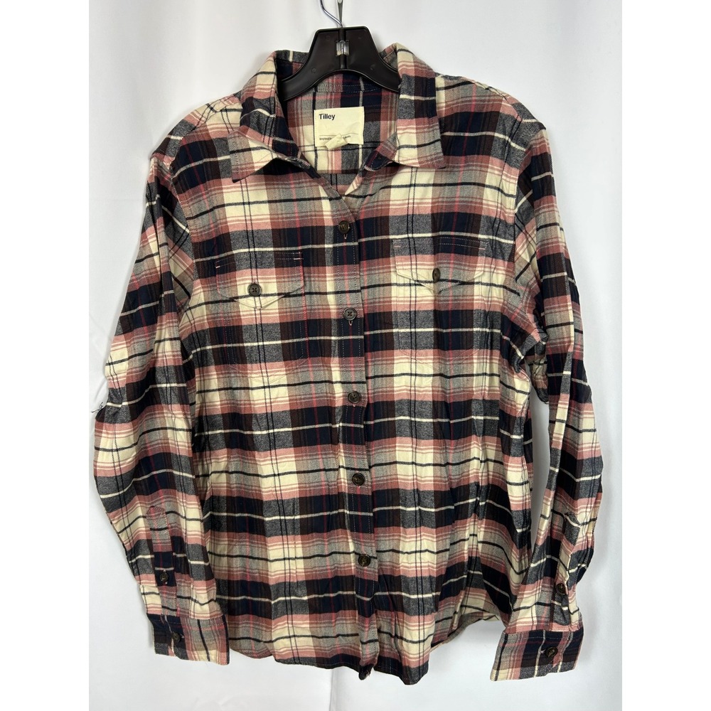 Tilley Pink Navy Plaid Organic Cotton Flannel Button Down Shirt Cabincore Large